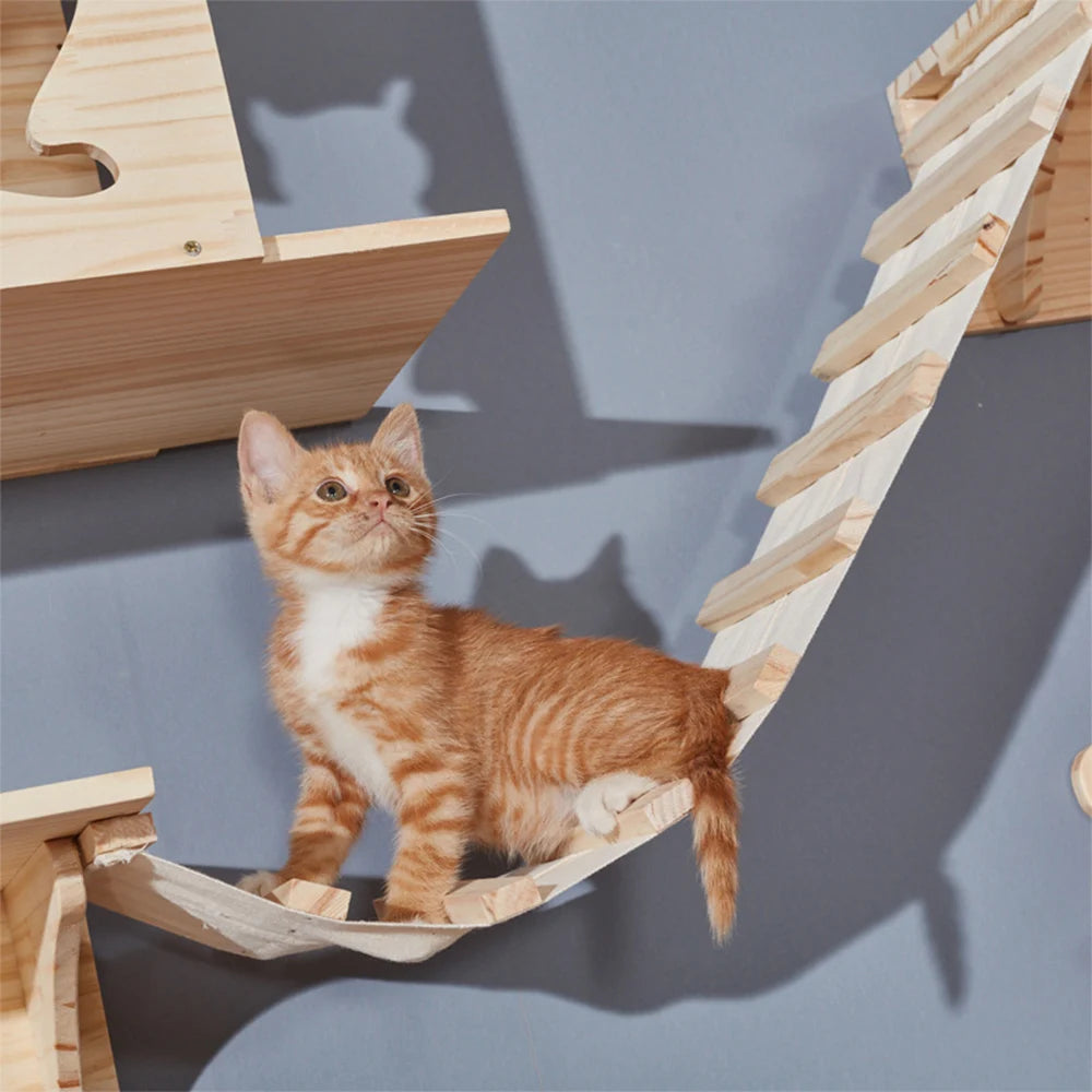 Wooden Cat Wall Climbing System - Modular Shelves & Scratching Posts with Sisal Rope