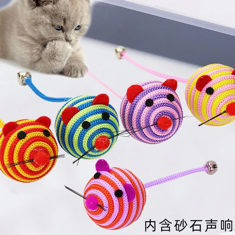 Interactive Cat Toy Mouse with Bell - Striped Nylon Rope Ball