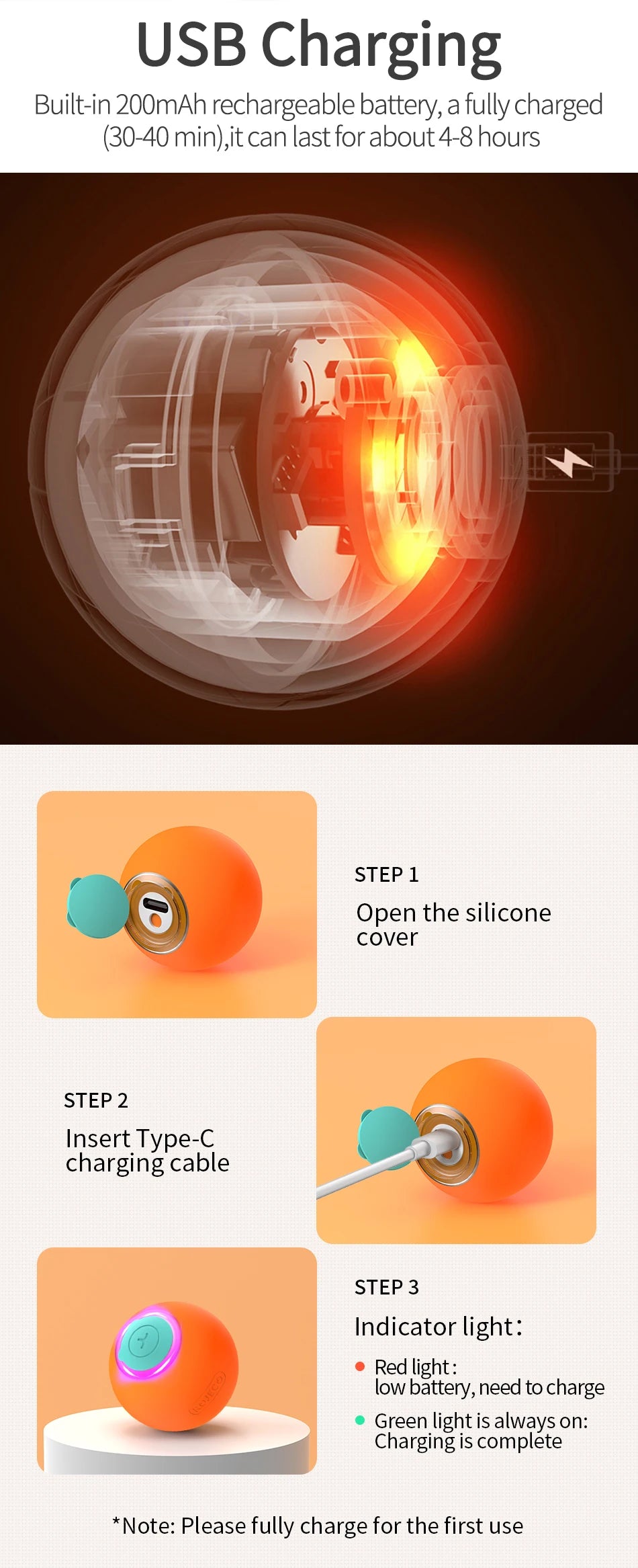 ROJECO Smart Interactive Cat Ball - Self-Rolling Electric Toy with LED Lights for Active Play & Exercise