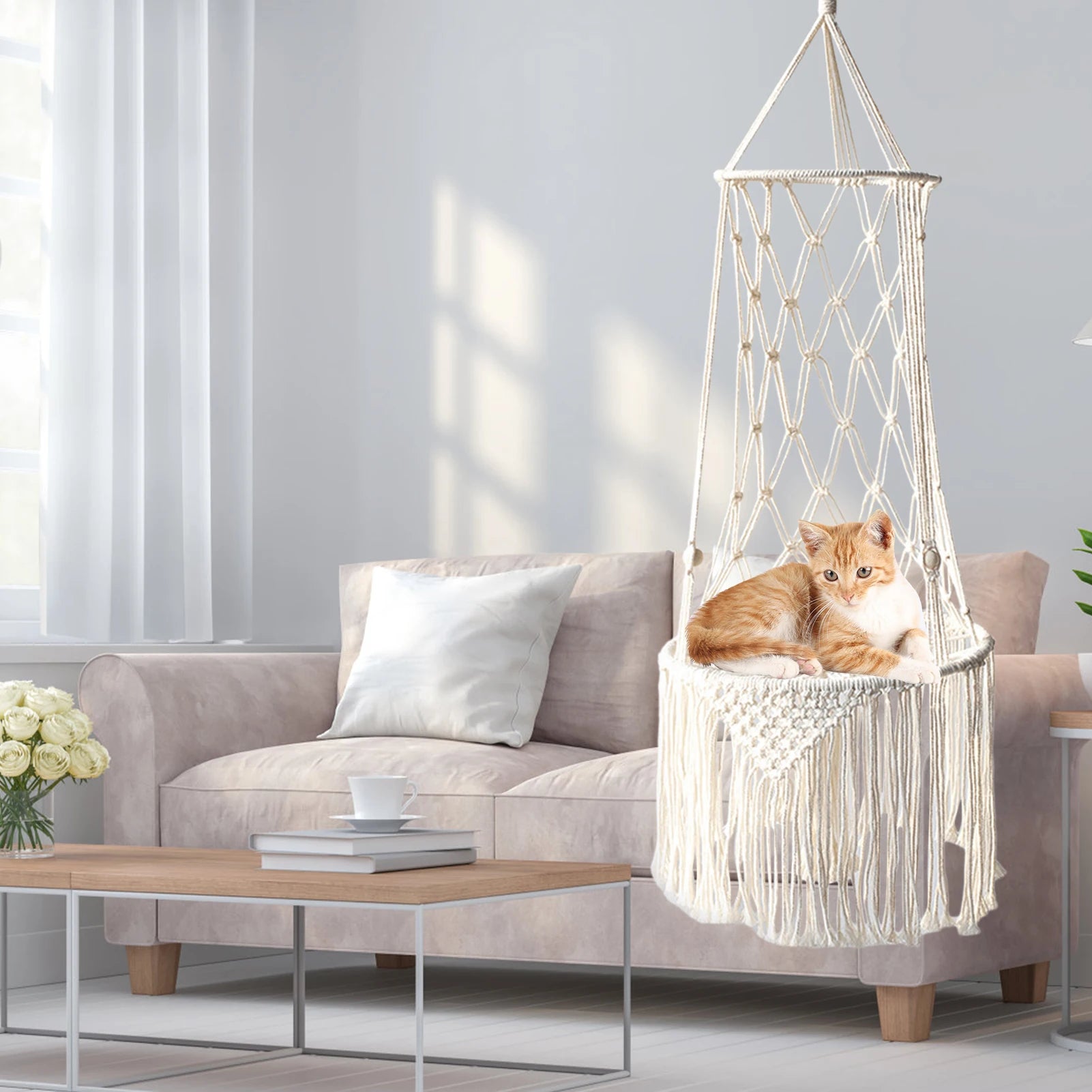 Handwoven Macrame Cat Hammock - Bohemian Cotton Swing Bed for Wall Mounting & Home Décor