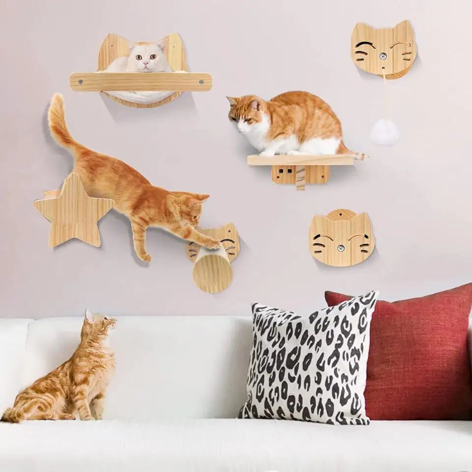 Wooden Cat Wall Climbing System - Modular Shelves & Scratching Posts with Sisal Rope
