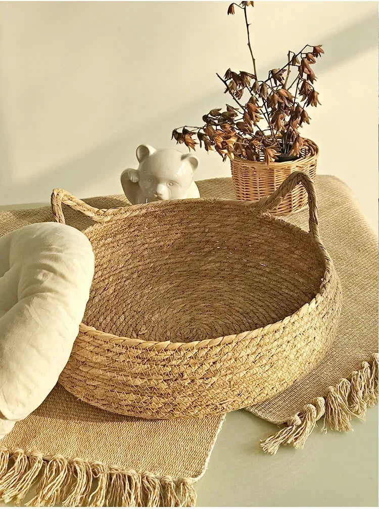 Handwoven Natural Cat Bed - Removable Cushion with Year-Round Comfort & Easy-Wash Design