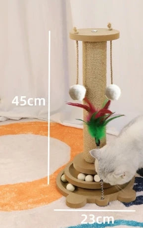 Natural Sisal Cat Scratching Post with Interactive Toy - Multi-Level Wooden Cat Furniture