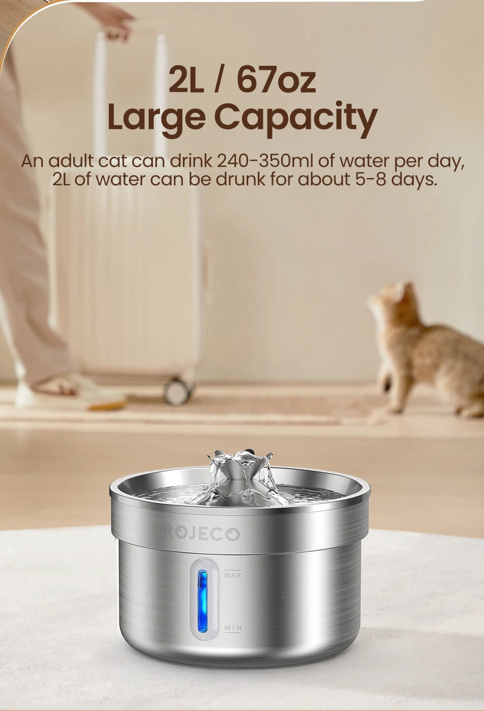 ROJECO Stainless Steel Cat Water Fountain - Automatic Pet Drinking Fountain