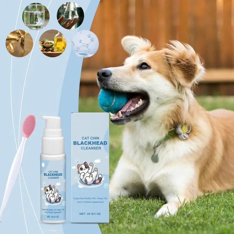 Cat Chin Cleaner 30g - Feline Acne Treatment Lotion with Grooming Brush for Blackhead Removal