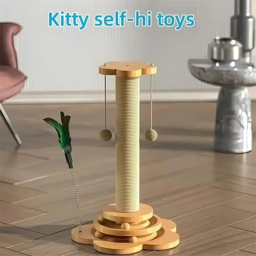 Natural Sisal Cat Scratching Post with Interactive Toy - Multi-Level Wooden Cat Furniture