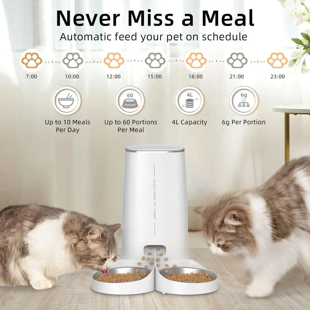 ROJECO 4L Automatic Cat Feeder with WiFi Remote Control - Smart Pet Food Dispenser for Cats
