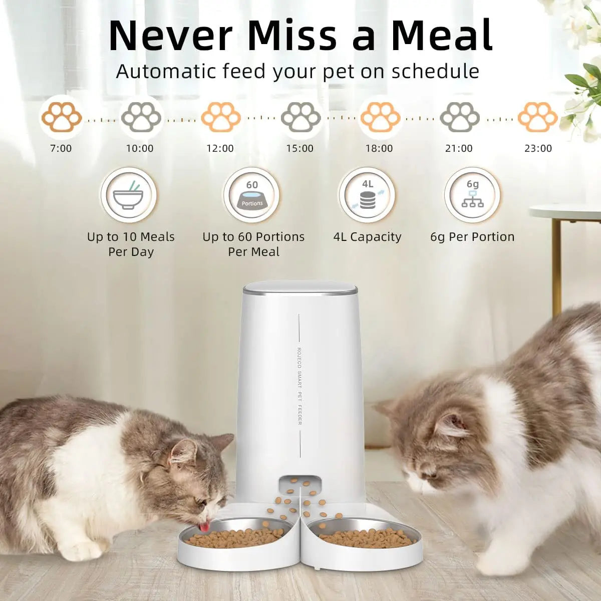 ROJECO 4L Automatic Cat Feeder with WiFi Remote Control - Smart Pet Food Dispenser for Cats