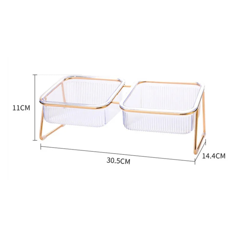 Elevated Double Cat Bowl Set - Transparent Bowls with Golden Stand & Ergonomic Design