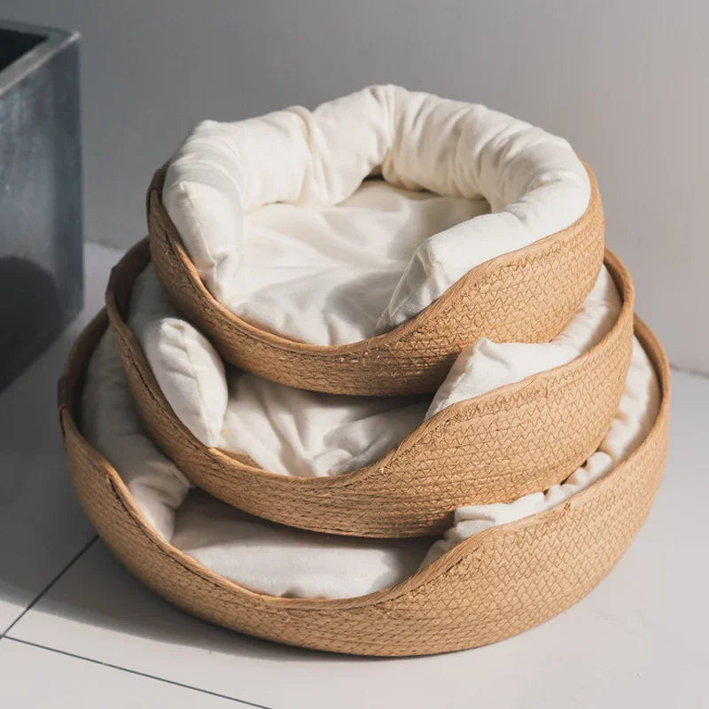 Handwoven Rattan Cat Bed - Natural Breathable Wicker Basket with Plush Cushion for Cats & Small Dogs