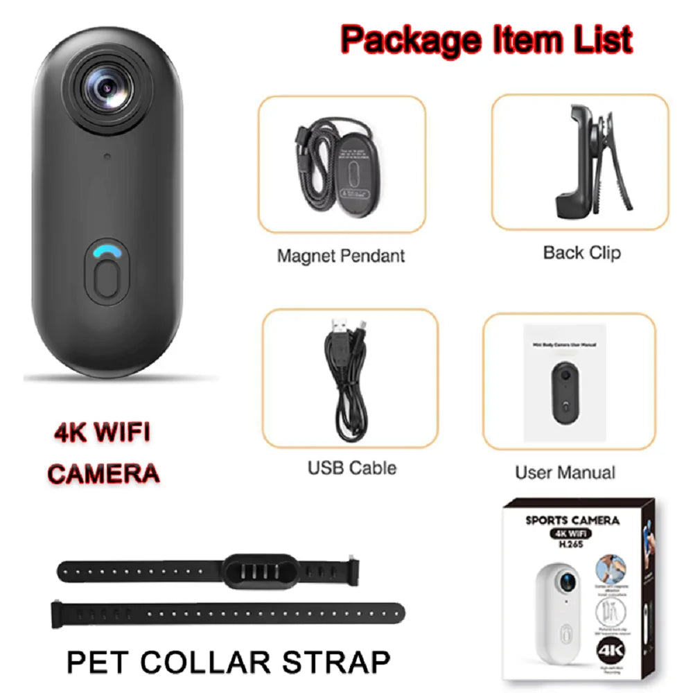 WiFi Pet Collar Camera - 4K Ultra HD Action Camera with Magnetic Mount & App Control