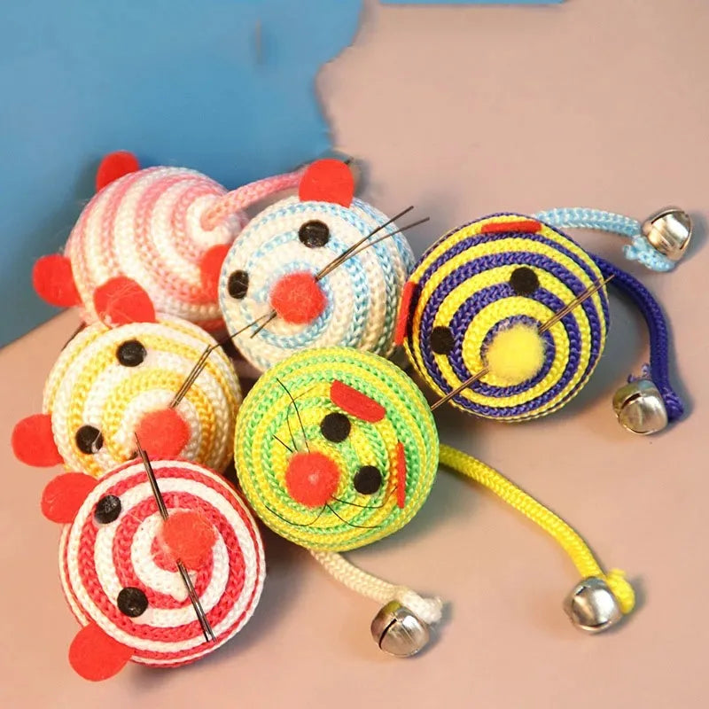 Interactive Cat Toy Mouse with Bell - Striped Nylon Rope Ball