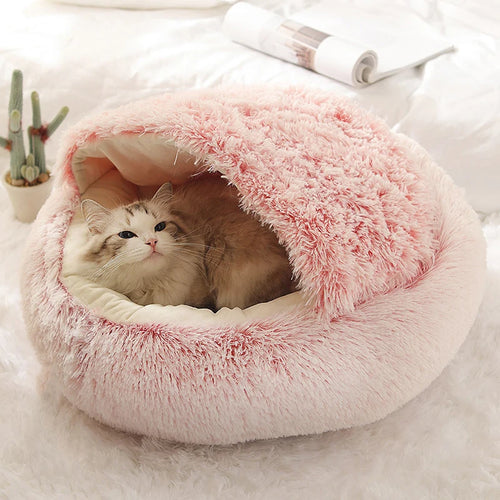 2-in-1 Plush Cave Cat Bed - Convertible Hooded Pet Nest with Removable Cover for Small Cats & Dogs
