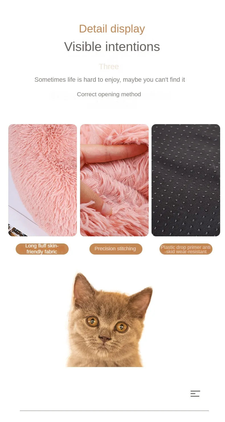 Luxurious Round Plush Cat Bed - Cosy Donut Design with Removable Washable Cover