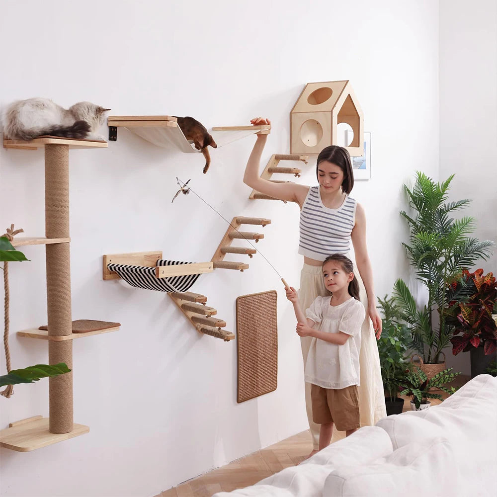 Modular Cat Wall Climbing System - Natural Wood Wall-Mounted Shelves, Steps & Hideaways