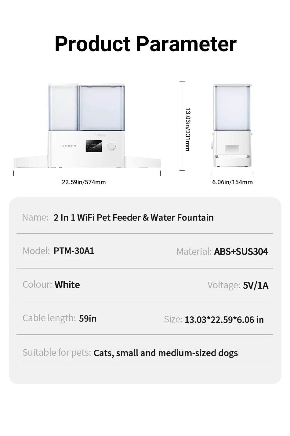 ROJECO 2-in-1 Automatic Cat Feeder & Water Fountain - 5L Food Dispenser & 3.5L Water Bowl with WiFi App Control