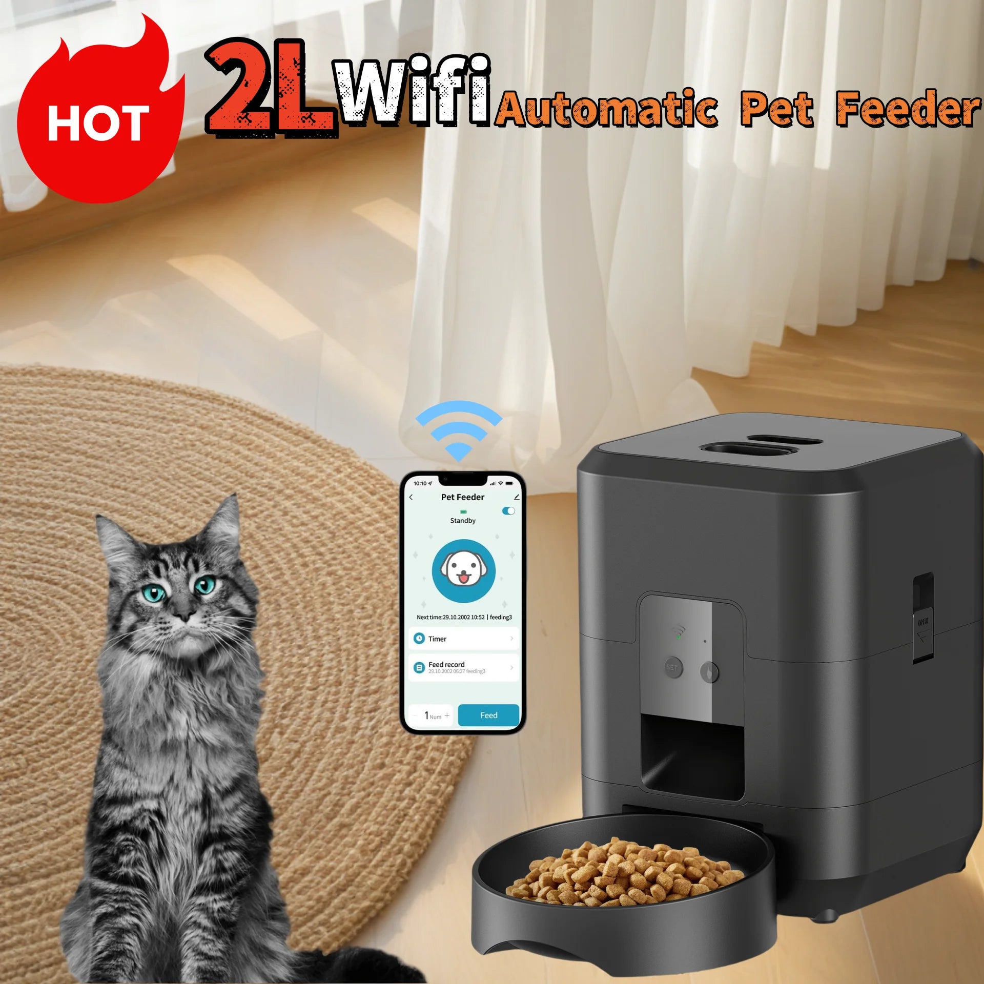WiFi Smart Automatic Pet Feeder - 2L App-Controlled Cat & Dog Food Dispenser with Scheduled Feeding