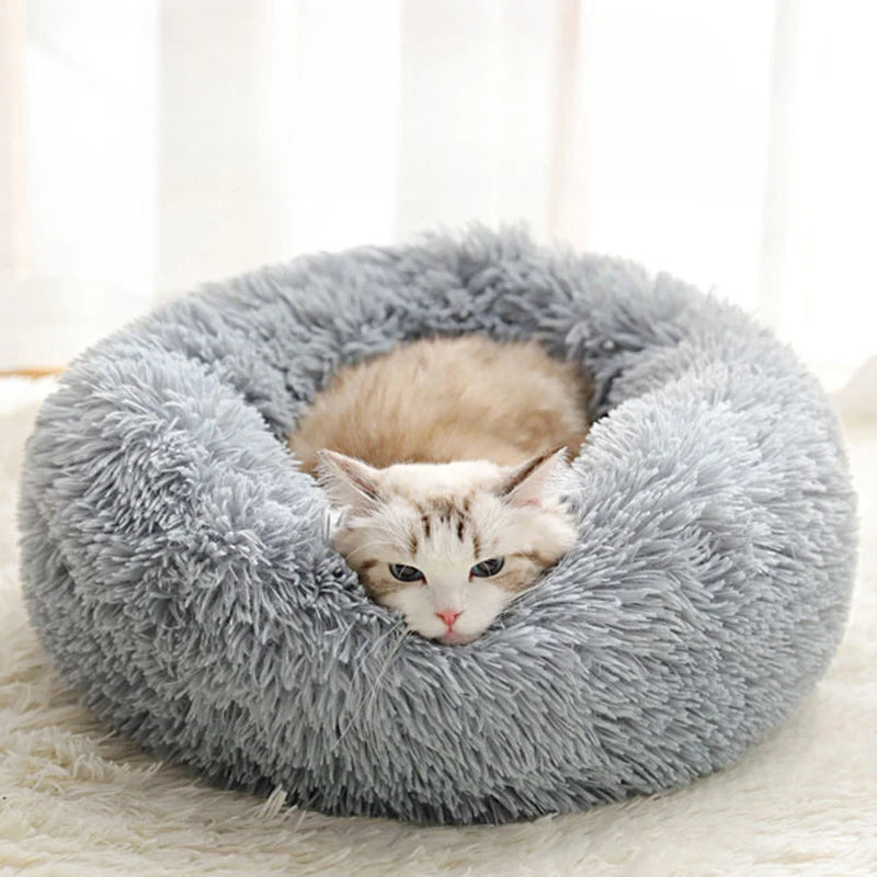 Luxurious Round Plush Cat Bed - Cosy Donut Design with Removable Washable Cover