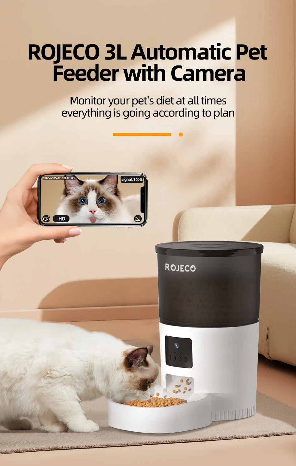 ROJECO Smart Automatic Cat Feeder with Camera - Remote Control Pet Food Dispenser with Voice Recording for Cats and Dogs