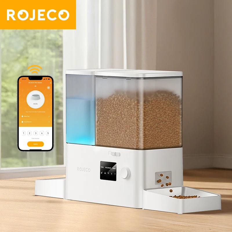 ROJECO 2-in-1 Automatic Cat Feeder & Water Fountain - 5L Food Dispenser & 3.5L Water Bowl with WiFi App Control