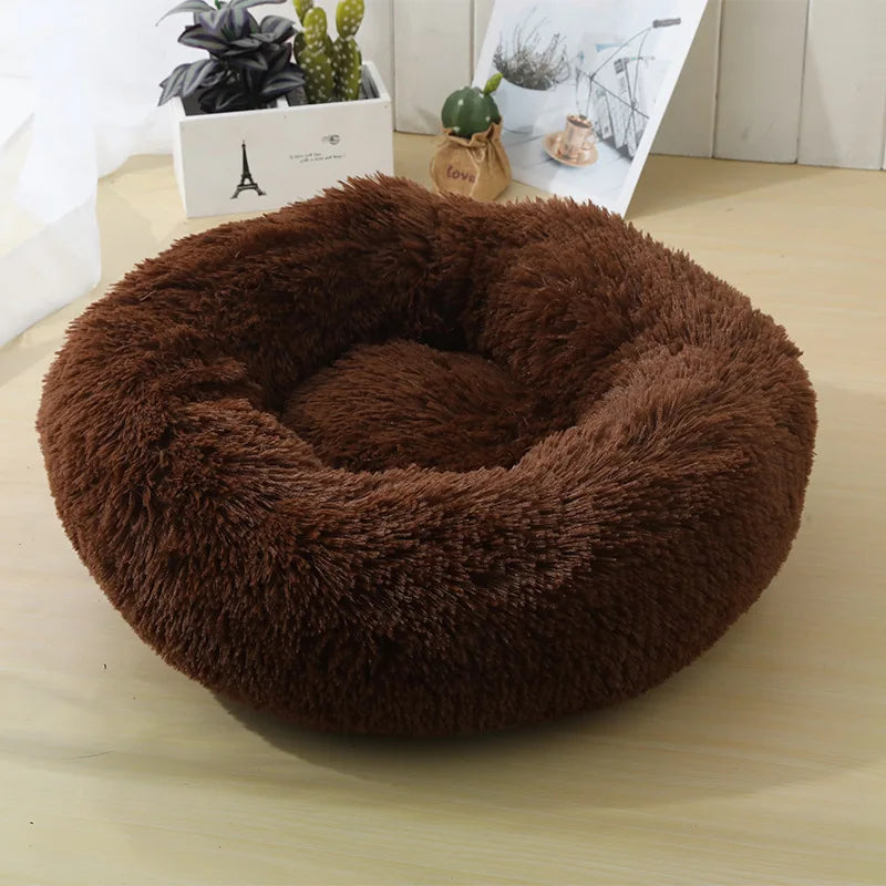 Luxurious Round Plush Cat Bed - Cosy Donut Design with Removable Washable Cover