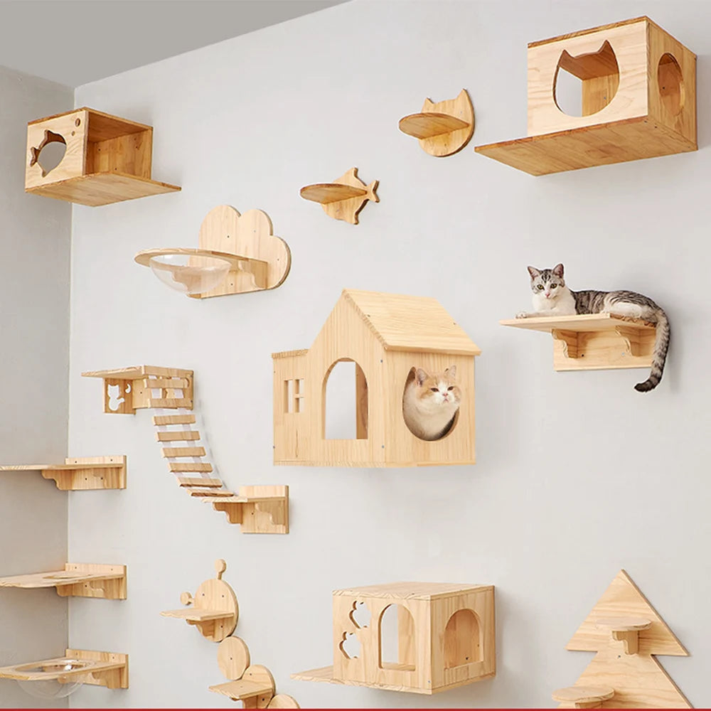 Premium Wall-Mounted Cat Climbing System - Hand-Woven Macramé Hammock with Detachable Wooden Platforms