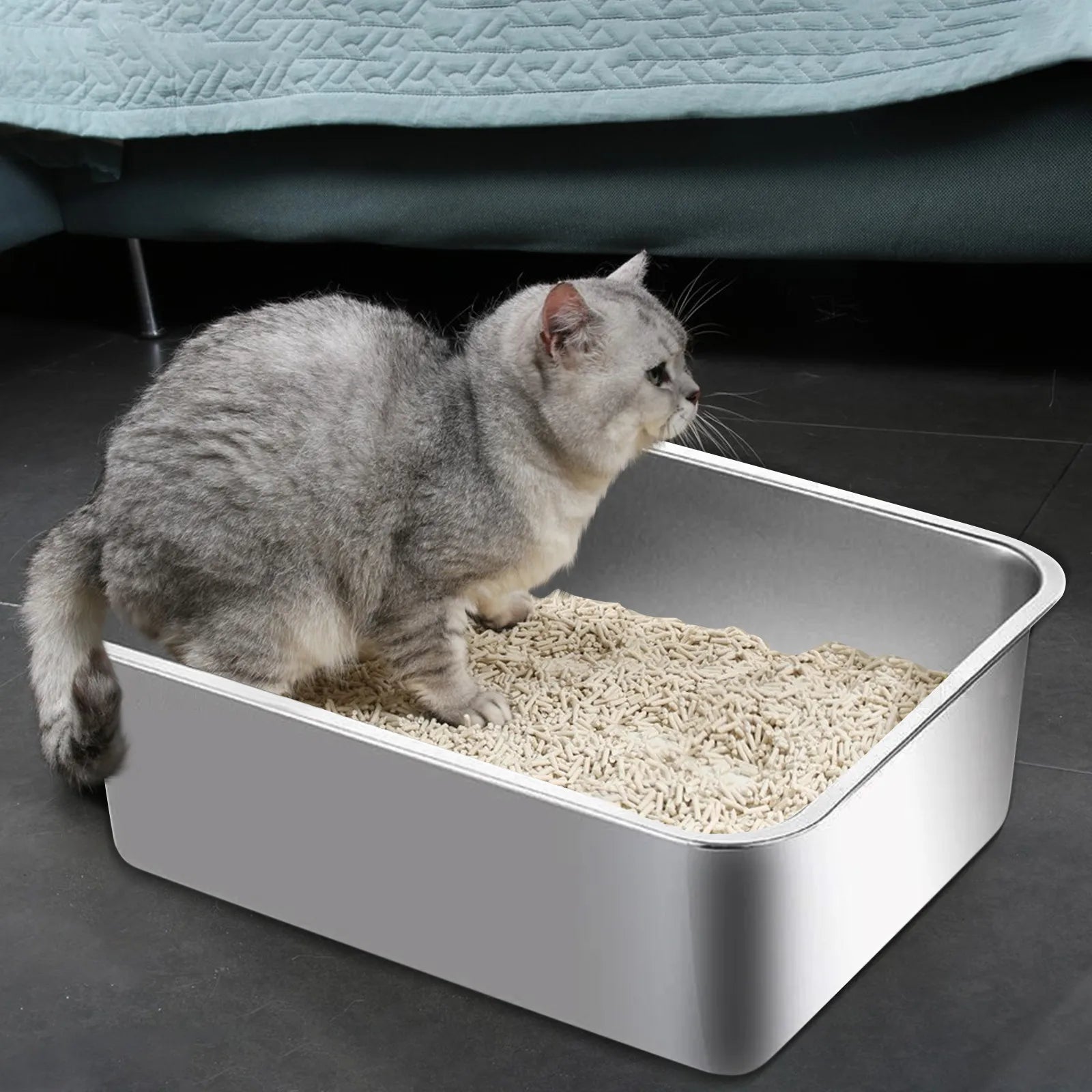 Premium Stainless Steel Cat Litter Tray - Extra Large Metal Litter Box for Multiple Cats