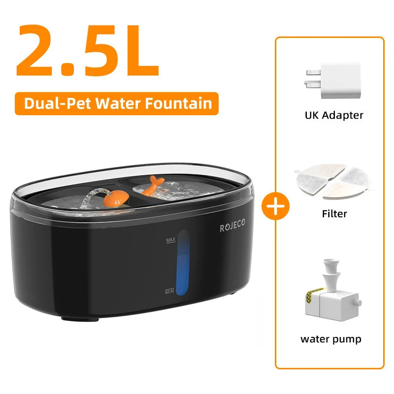 ROJECO 2.5L Automatic Cat Water Fountain - Dual Bowl Wireless Pet Drinking Fountain with Ultra-Quiet Pump for Cats or Small Dogs
