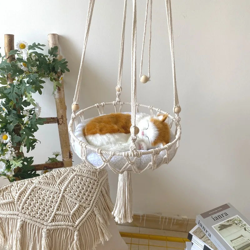 Handwoven Macramé Cat Hammock - Suspended Cotton Rope Basket with Cushion for Indoor Cats