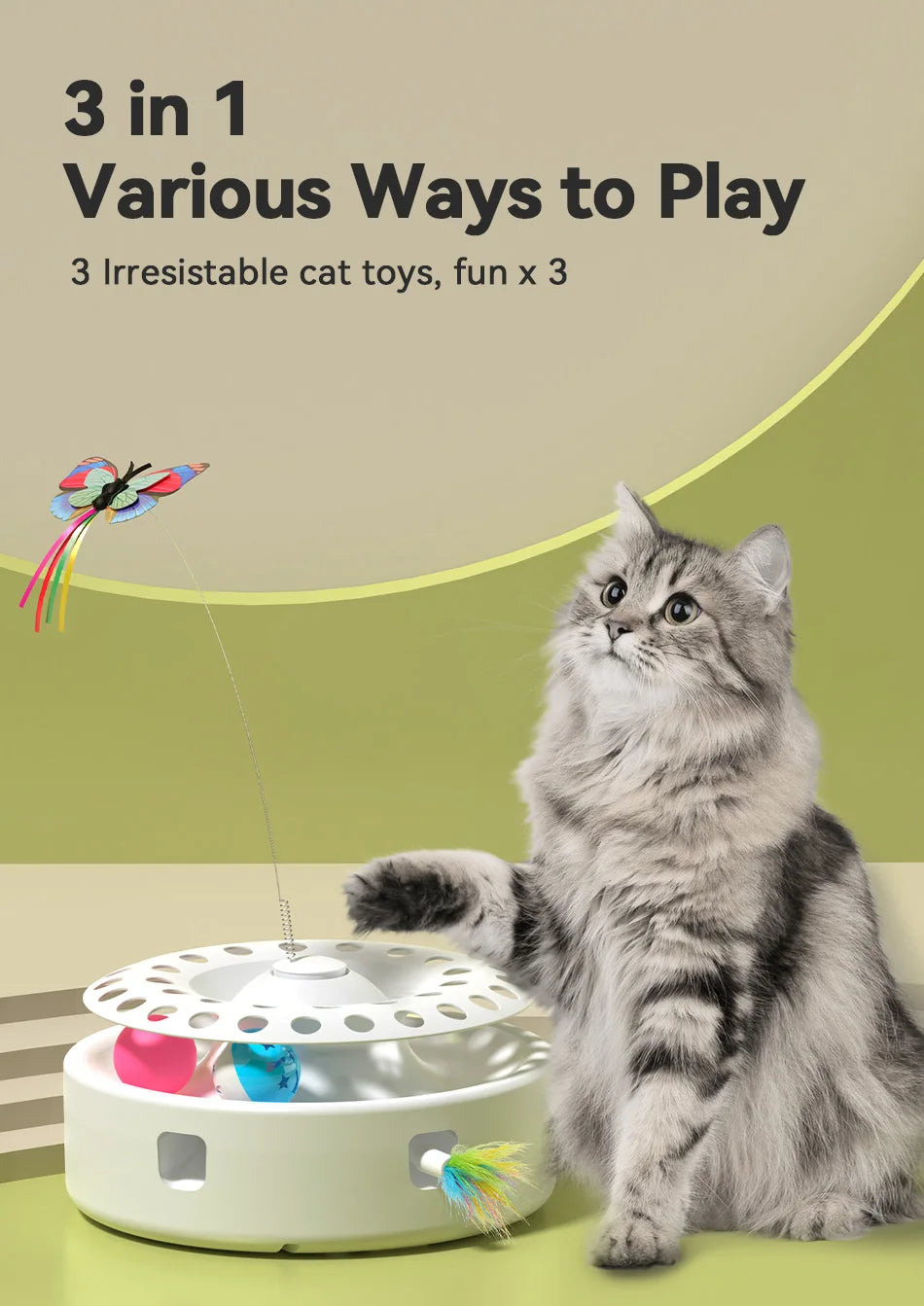 ROJECO 3-in-1 Automatic Interactive Cat Toy - Wireless Feather Teaser with Track Ball & Ambush Play System