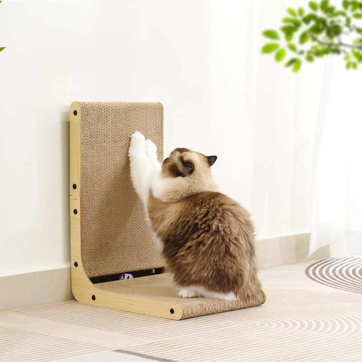 Vertical Cat Scratching Post - Double-Sided Wood Scratcher with Interactive Ball Toy & Furniture Protection