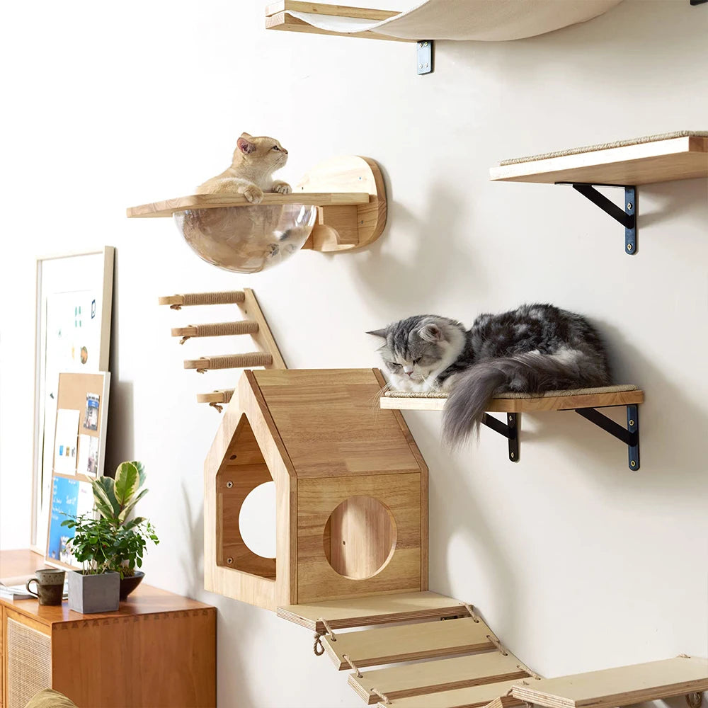 Premium Wooden Cat Wall Furniture Set - Multi-Level Climbing Shelves, Hammocks & Scratching Posts for Indoor Cats