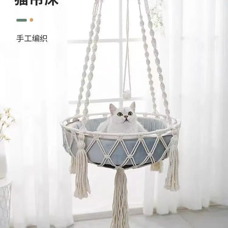 Macramé Cat Hammock - Handwoven Hanging Basket Bed with Wall Mount & Adjustable Height