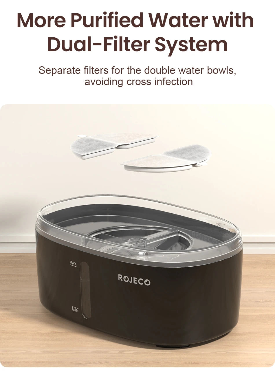 ROJECO 2.5L Automatic Cat Water Fountain - Dual Bowl Wireless Pet Drinking Fountain with Ultra-Quiet Pump for Cats or Small Dogs