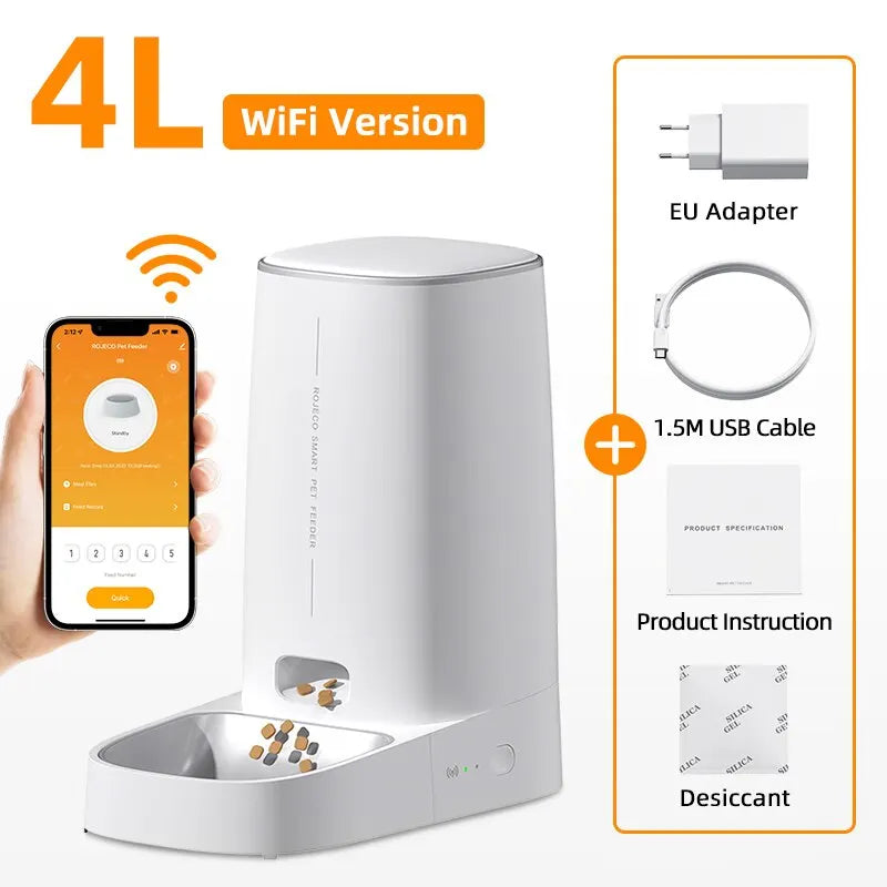 ROJECO 4L Automatic Cat Feeder with WiFi Remote Control - Smart Pet Food Dispenser for Cats