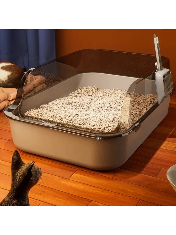 Large Open Cat Litter Box - High-Sided Anti-Splash Design with Easy-Clean Plastic Construction