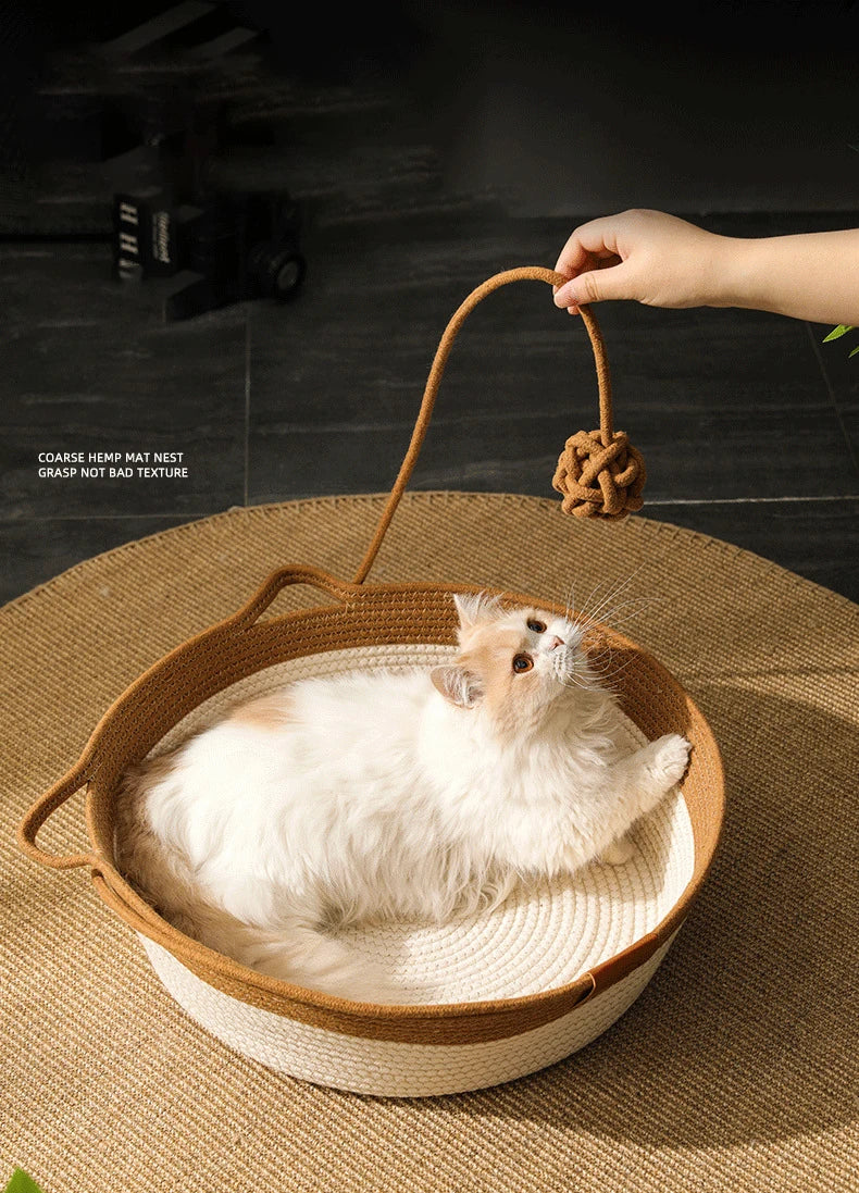 Handwoven Rattan Cat Bed - Natural Eco-Friendly Pet Basket with Removable Washable Cushion & Scratch-Resistant Base