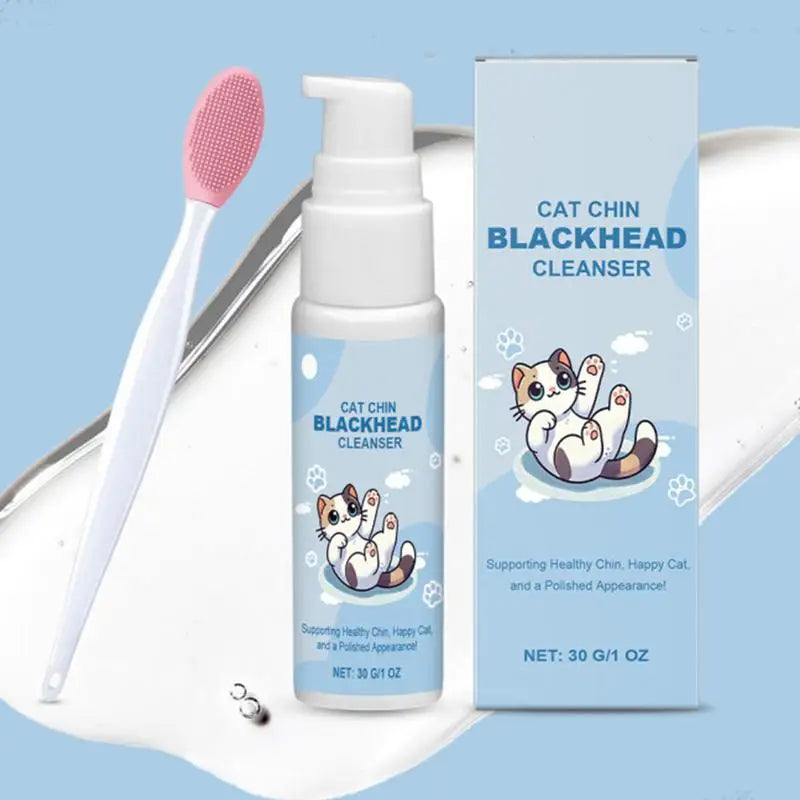 Cat Chin Cleaner 30g - Feline Acne Treatment Lotion with Grooming Brush for Blackhead Removal