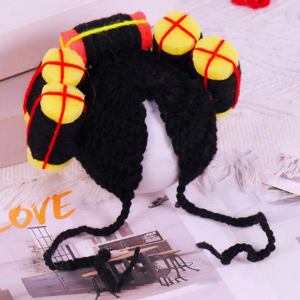 Cat Hat with Hair Rollers - Adjustable Knitted Pet Headdress for Dress-Up and Photography