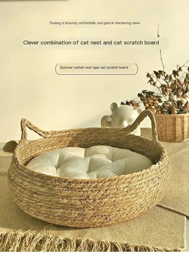 Handwoven Natural Cat Bed - Removable Cushion with Year-Round Comfort & Easy-Wash Design