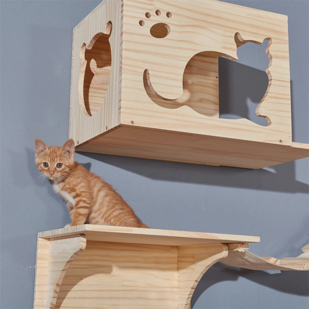 Wooden Cat Wall Climbing System - Modular Shelves & Scratching Posts with Sisal Rope