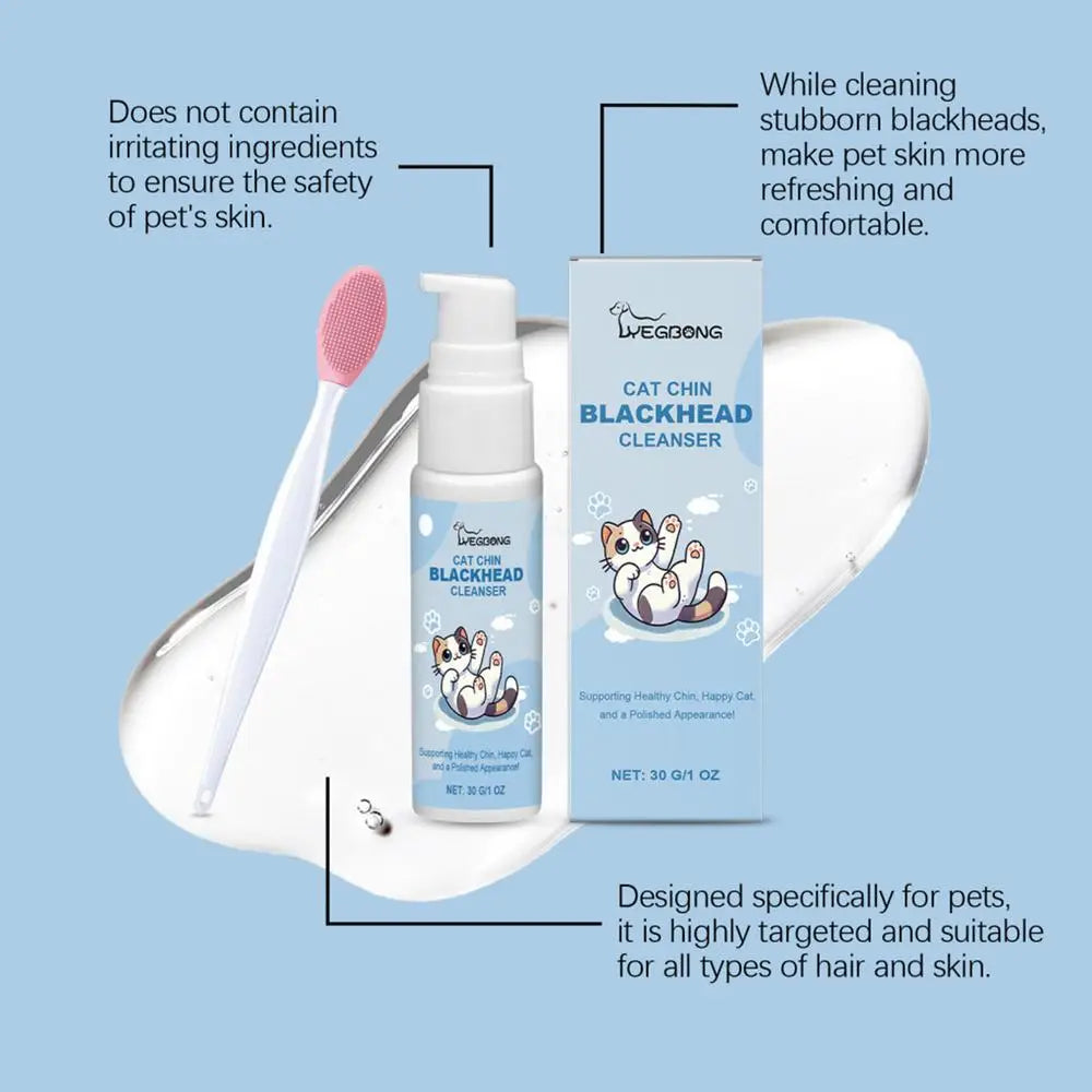 Cat Chin Cleaner 30g - Feline Acne Treatment Lotion with Grooming Brush for Blackhead Removal