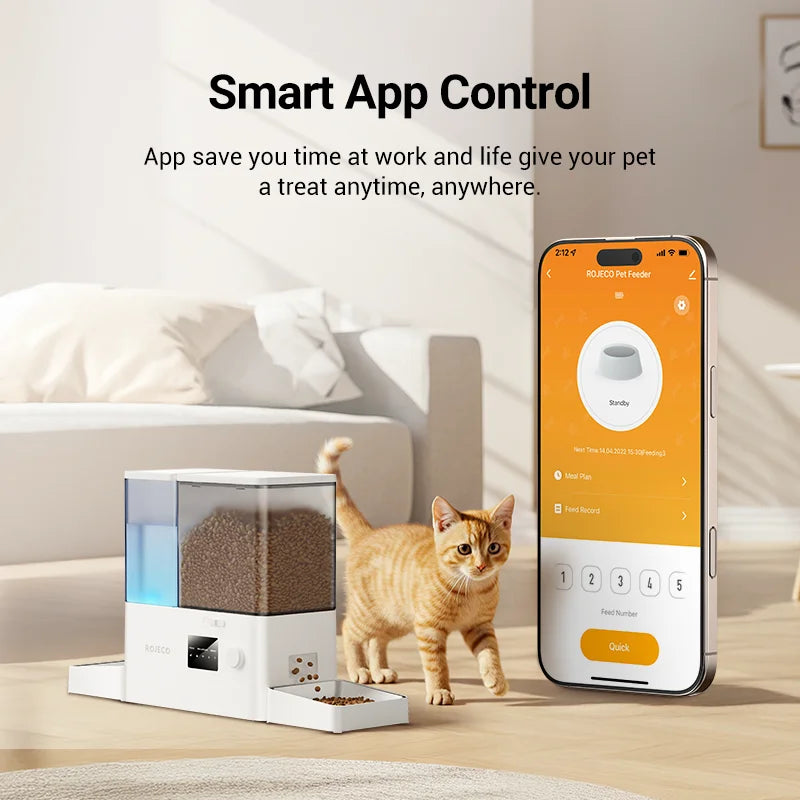 ROJECO 2-in-1 Automatic Cat Feeder & Water Fountain - 5L Food Dispenser & 3.5L Water Bowl with WiFi App Control