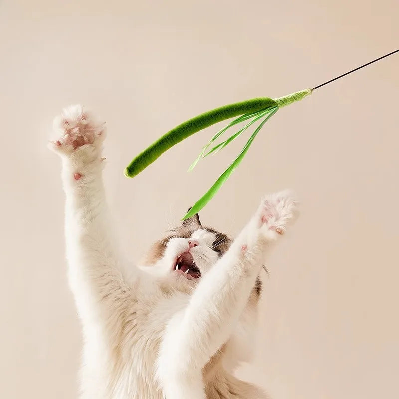 Interactive Feather Wand Cat Toy with Natural Grass Tail