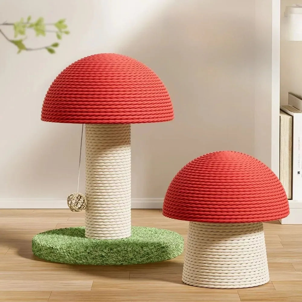Red Mushroom Cat Scratching Post - Sisal Climbing Tower with Natural Rope Wrapping