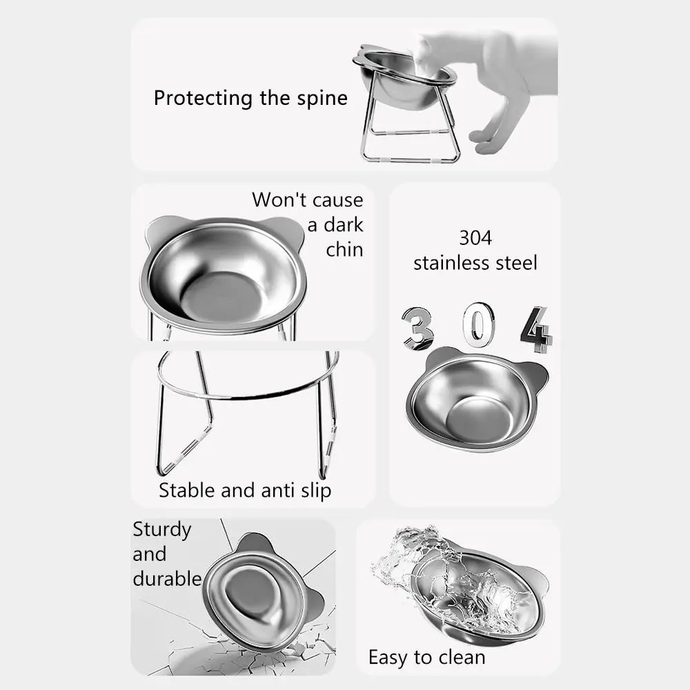 Elevated Cat Bowl with 15° Tilt – Stainless Steel Raised Feeder with Neck Support for Comfortable Feeding