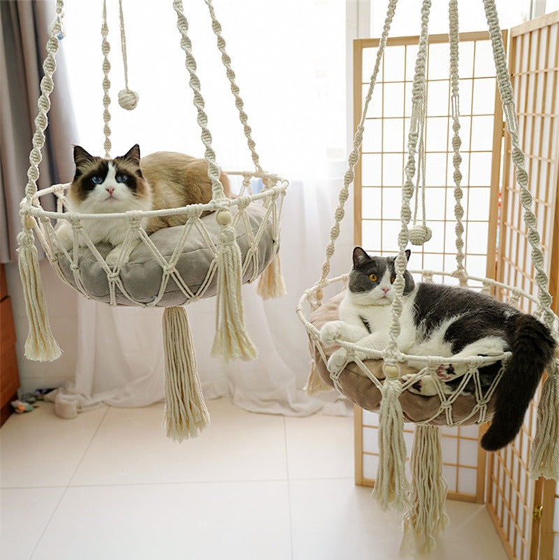 Handwoven Macramé Cat Hammock - Suspended Cotton Rope Basket with Cushion for Indoor Cats