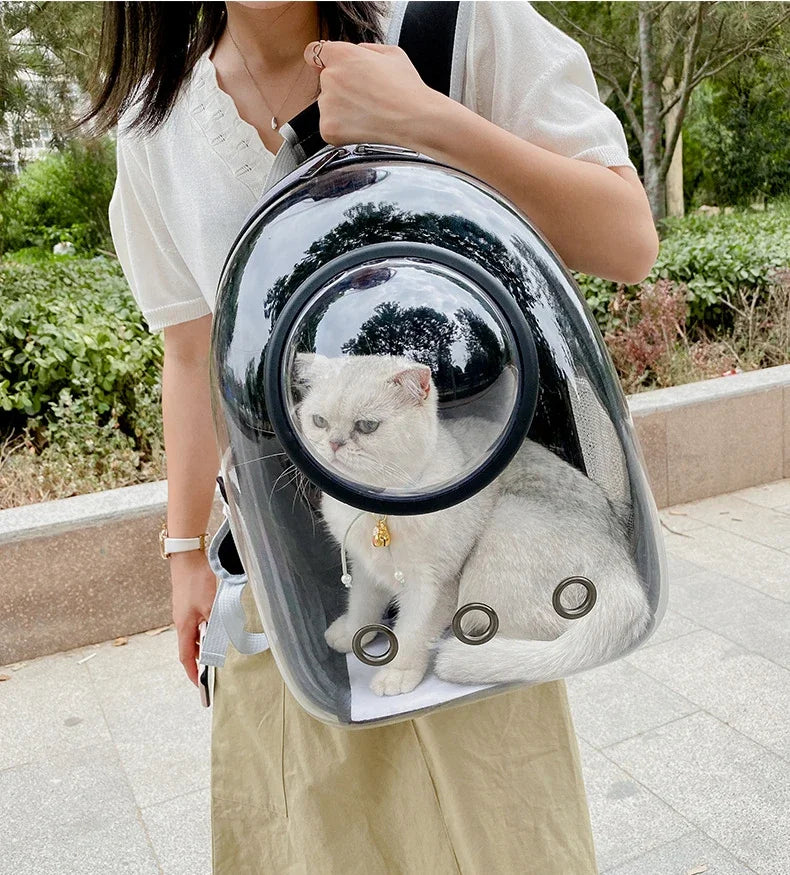 Transparent Space Capsule Cat Backpack - Breathable Pet Carrier with Panoramic Window & Ventilation System