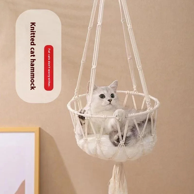 Macramé Cat Hammock - Handwoven Hanging Basket Bed with Wall Mount & Adjustable Height
