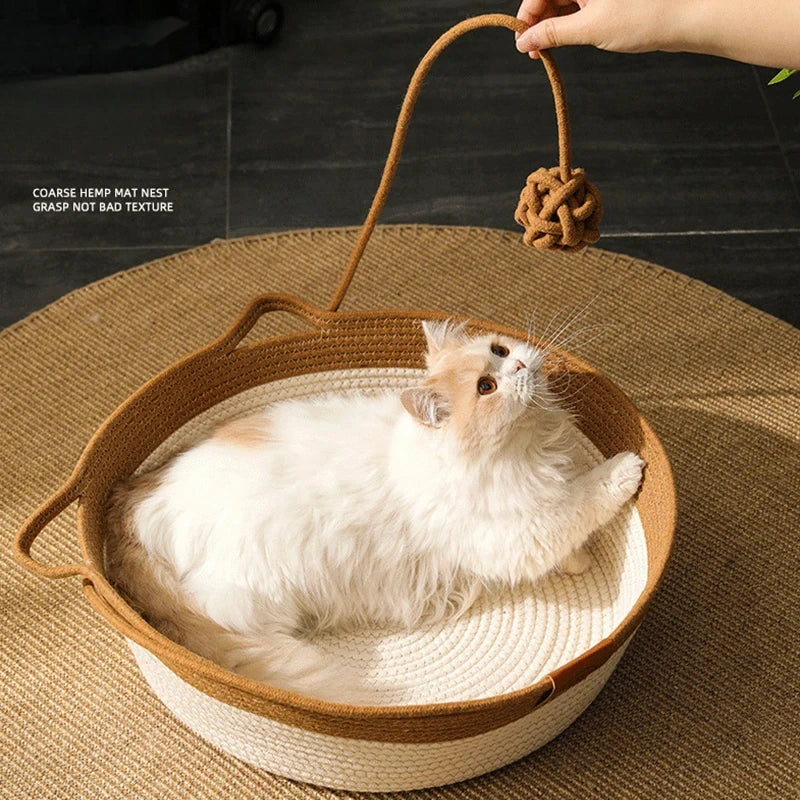 Handwoven Rattan Cat Bed - Natural Eco-Friendly Pet Basket with Removable Washable Cushion & Scratch-Resistant Base